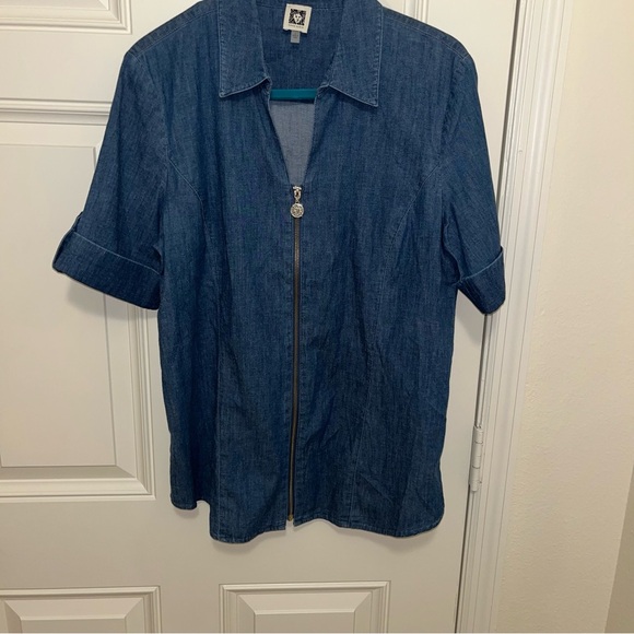 Vintage denim jeans shirt jacket Anne Klein zipper L large short sleeve nwot new - Picture 3 of 7